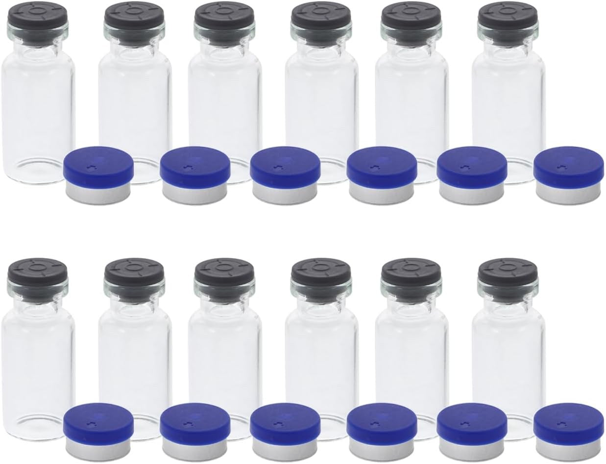 Small glass containers with multi-coloured screw caps