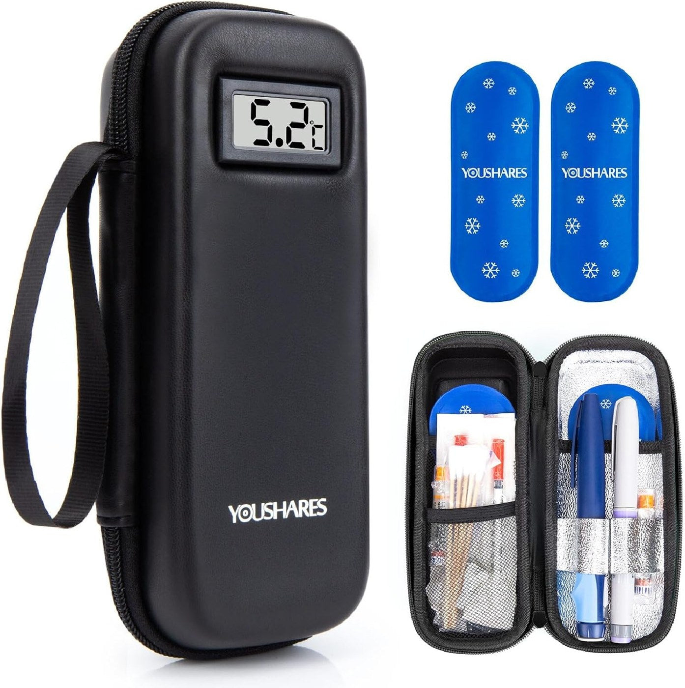 Slim insulated travel cooling case with a digital temperature display