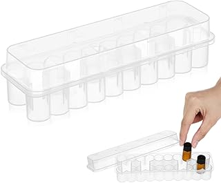Clear organiser tray with cylindrical compartments and a protective lid