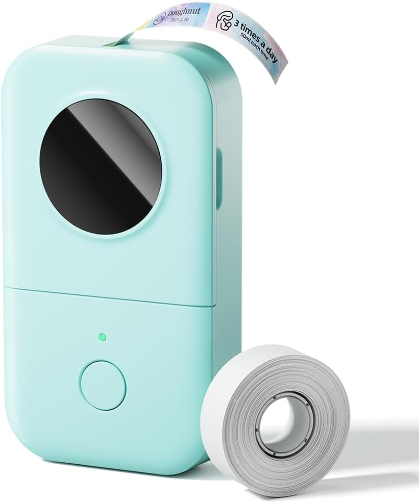 Pocket Bluetooth label maker printing a small white label