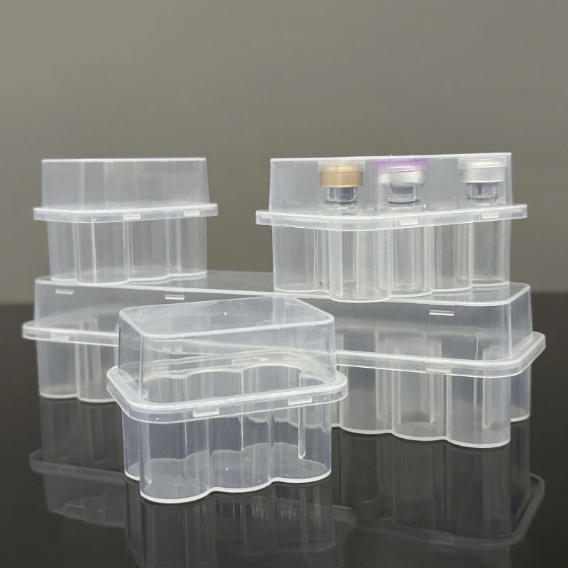 Stackable clear polypropylene storage boxes with hinged lids