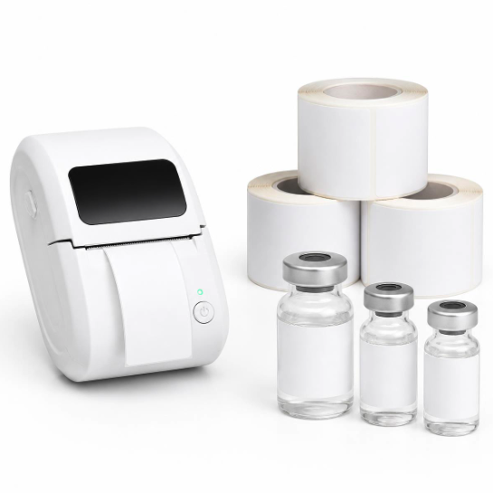 Pocket Bluetooth thermal label printer with a printed label strip