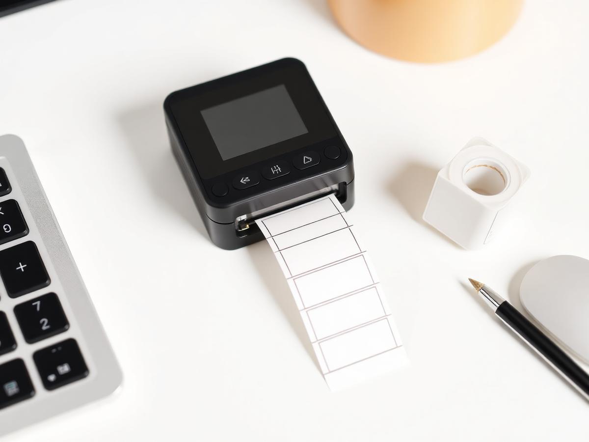 Compact pocket label printer on a clean white bench with blank labels