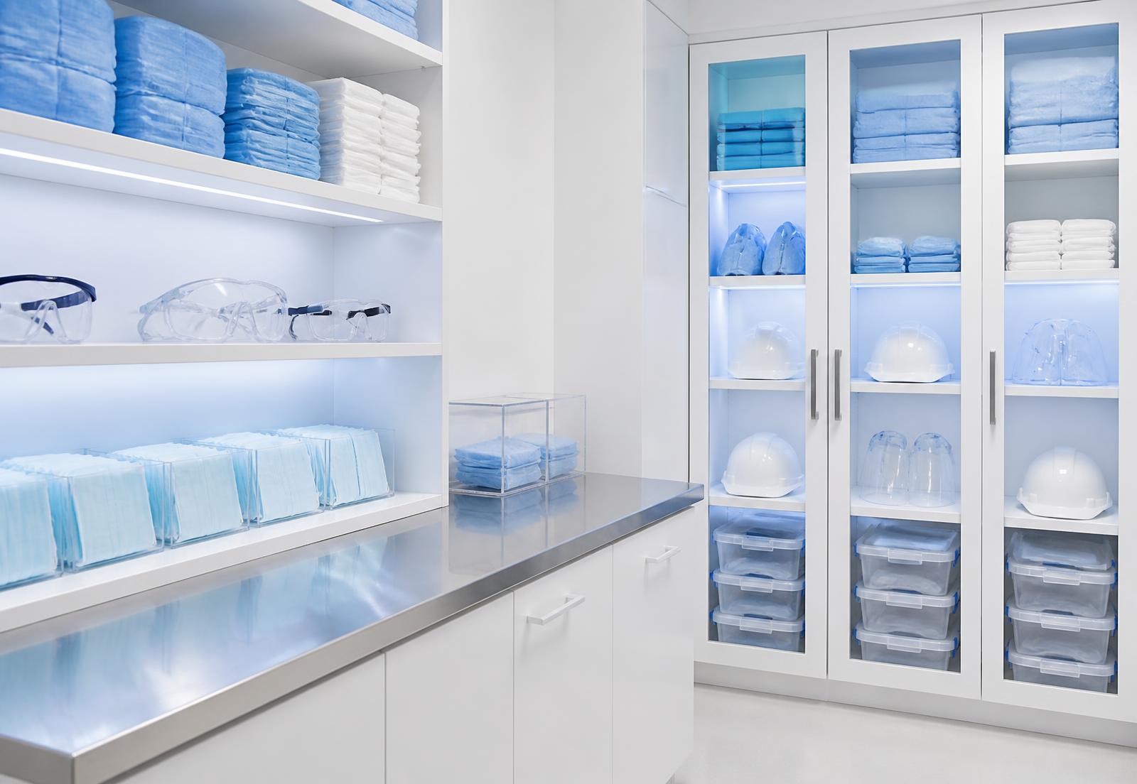 Clean clinical supply room with white cabinetry, stainless steel bench and neatly organised storage